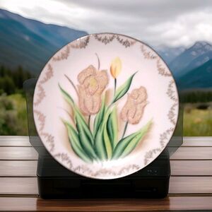 Beaded Coralene Wheelock PEORIA Handpainted Tulips, gold trim 6", Decor